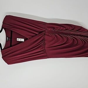 Express Deep Burgundy V-neckline Padded Shoulders Rusched Waist to Hem Dress